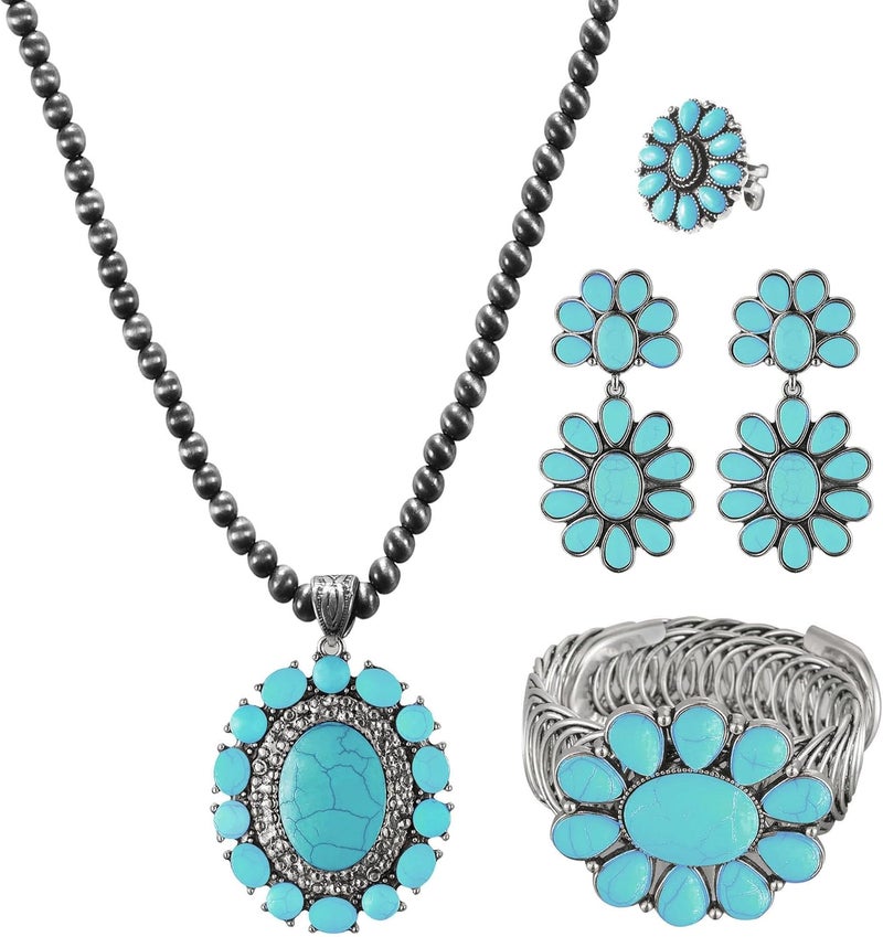 JMScape 4 PCS Western Turquoise Jewelry for Women Boho Vintage Navajo Pearl Necklace Earring Bracelet Ring Set Country Cowgirl Accessories for Gift - Image 1